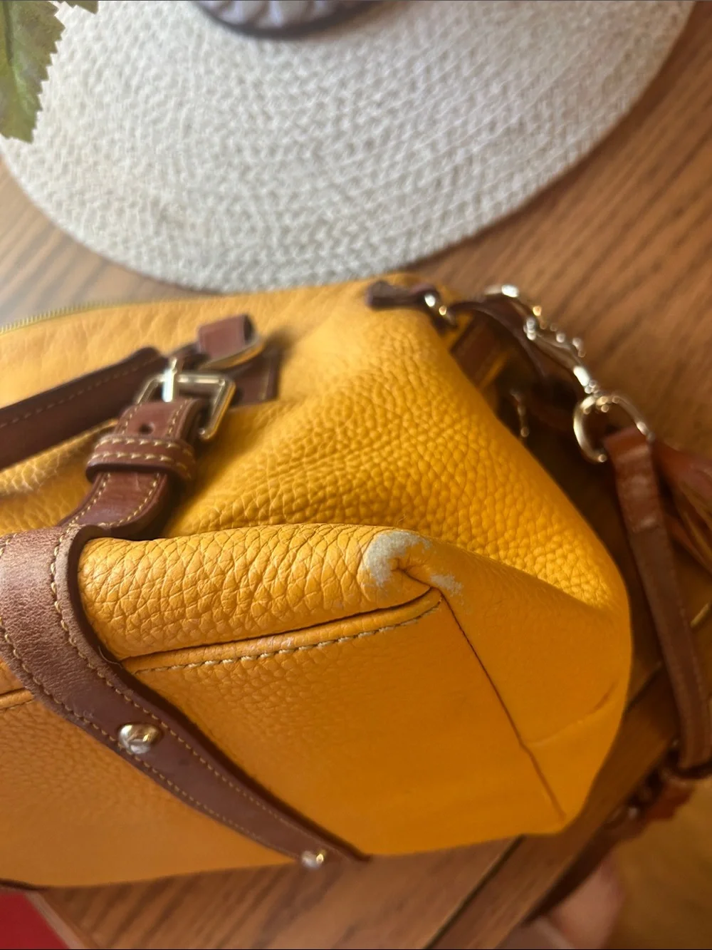 Dooney & Bourke Yellow Leather Satchel with Brown Trim and Strap